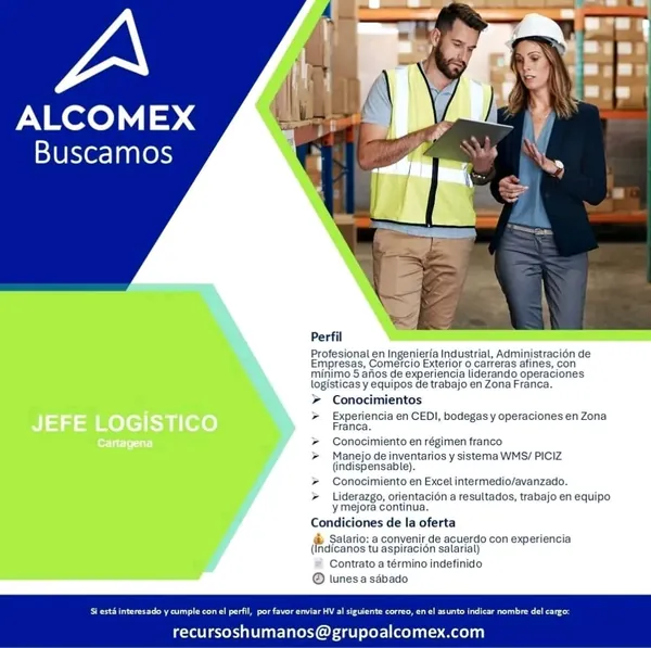 Flyer de la vacante de Jefe Logístico en Cartagena publicada por Alcomex, con el perfil requerido y el correo de contacto.