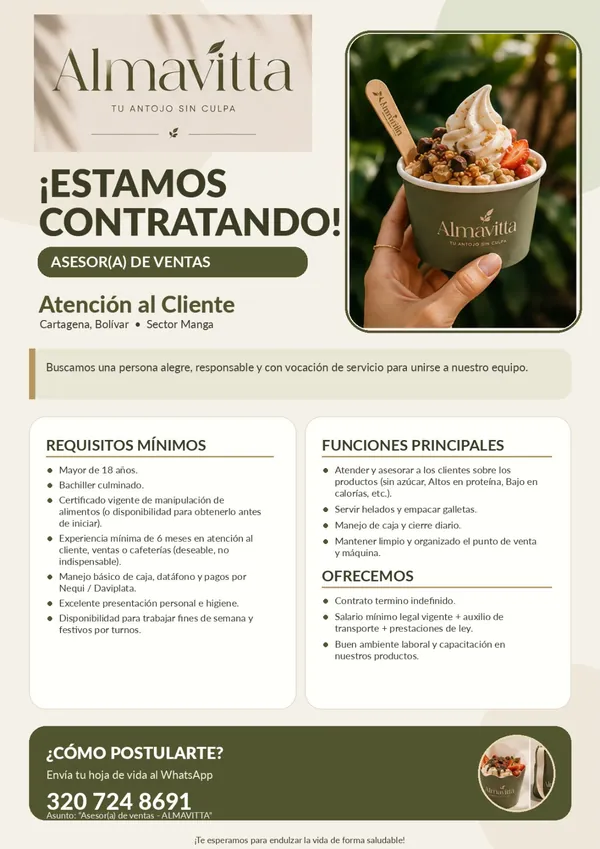 Flyer de la vacante de Asesor(a) de Ventas en el sector Manga de Cartagena publicada por Almavitta, con los requisitos, las funciones y el WhatsApp de contacto.