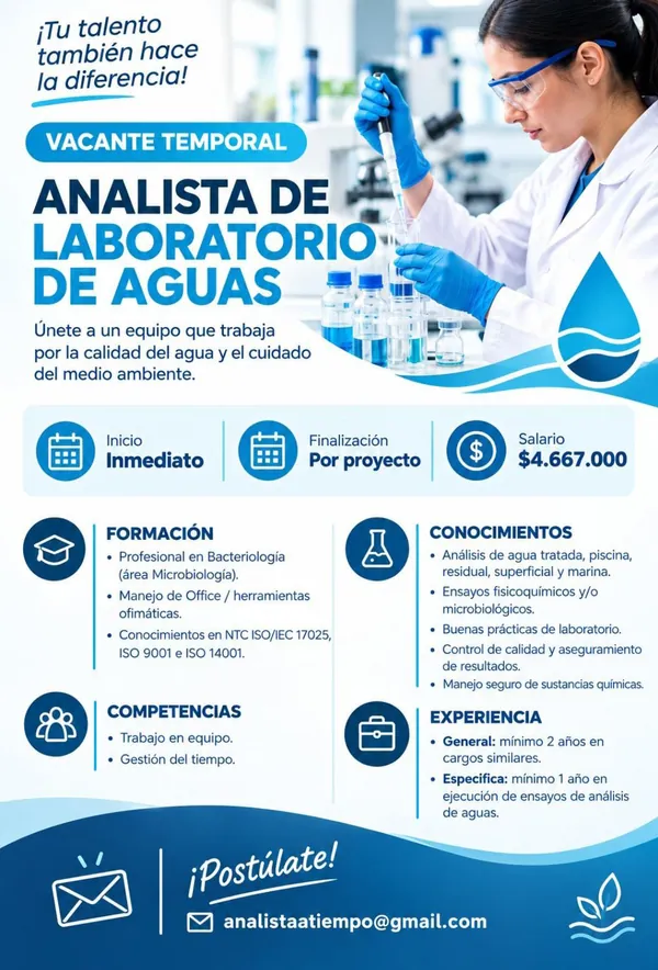 Flyer de la vacante temporal de Analista de Laboratorio de Aguas publicada por Atiempo, con salario de $4.667.000 y correo de contacto.