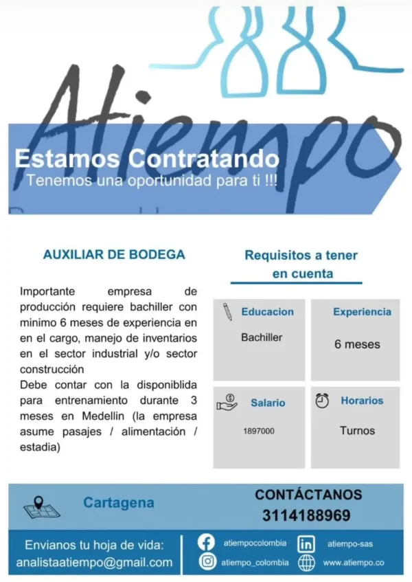 Flyer de la vacante de Auxiliar de Bodega en Atiempo, Cartagena, con salario, requisitos y correo de contacto.