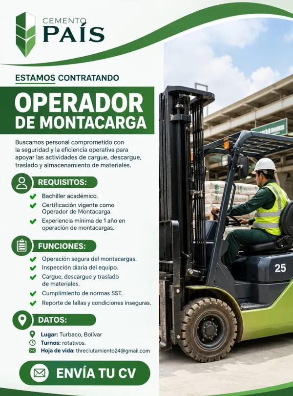 Flyer de la vacante de Operador de Montacarga en Turbaco, Bolívar, publicada por Cemento País, con los requisitos y el correo de contacto.