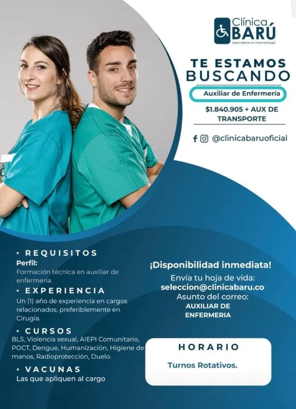 Flyer de la vacante de Auxiliar de Enfermer&iacute;a en Cl&iacute;nica Bar&uacute;, Cartagena, con el salario, los cursos exigidos y el correo de selecci&oacute;n.