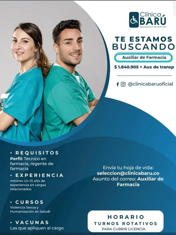 Flyer de la vacante de Auxiliar de Farmacia en Cl&iacute;nica Bar&uacute;, Cartagena, con el salario, los cursos exigidos y el correo de selecci&oacute;n.