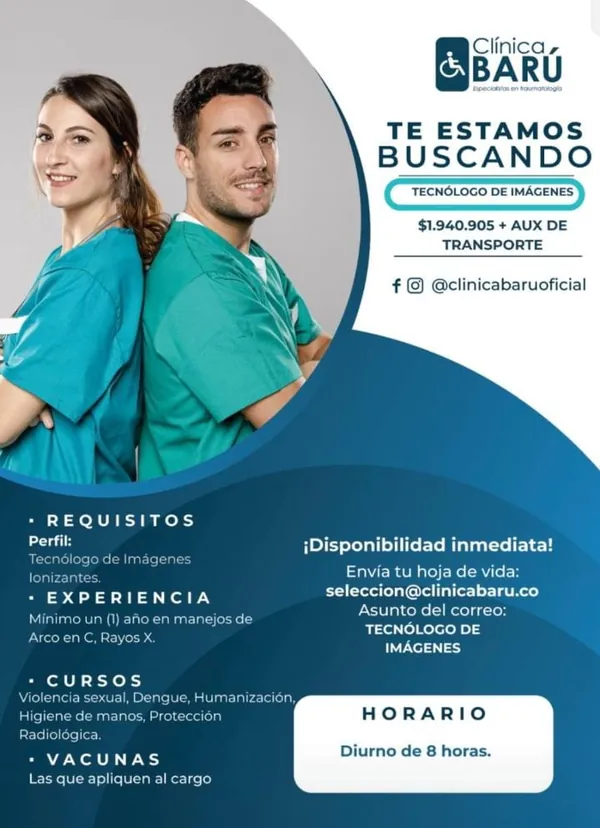 Flyer de la vacante de Tecn&oacute;logo de Im&aacute;genes en Cl&iacute;nica Bar&uacute;, Cartagena, con el salario, los cursos exigidos y el correo de selecci&oacute;n.