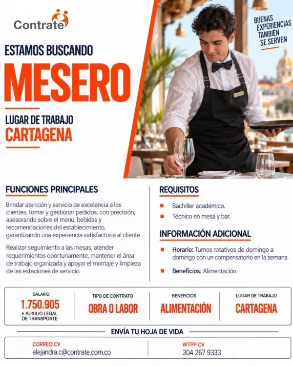 Flyer de la vacante de Mesero en Cartagena publicada por Contrate, con salario de $1.750.905, contrato por obra o labor y datos de contacto.