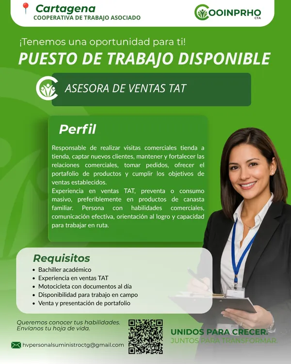 Flyer de COOINPRHO CTA buscando asesora de ventas TAT en Cartagena, con motocicleta y experiencia en ventas tienda a tienda.