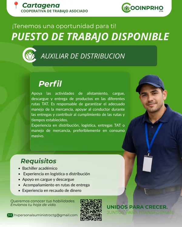 Flyer de COOINPRHO CTA buscando auxiliar de distribución en Cartagena, para cargue, descargue y entregas en rutas tienda a tienda.