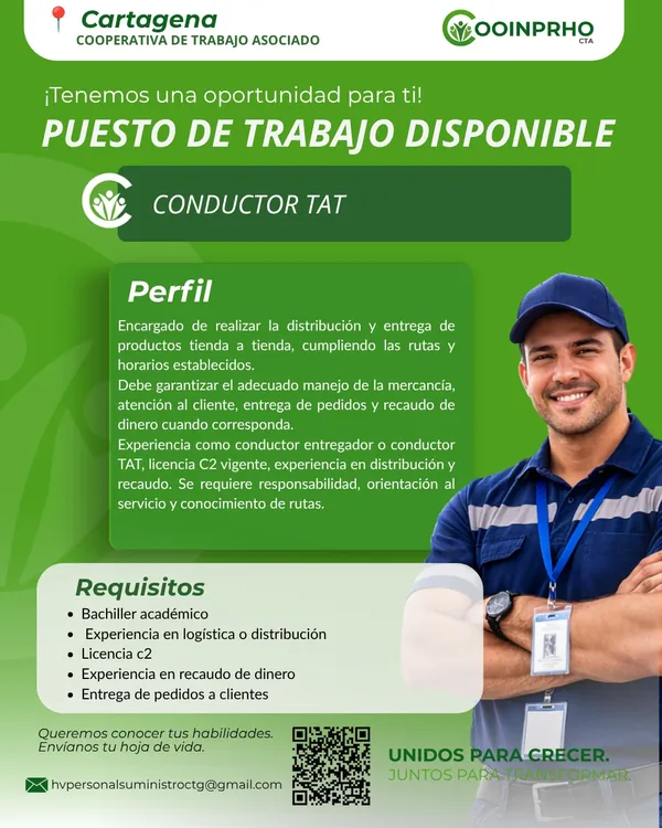 Flyer de COOINPRHO CTA buscando conductor TAT en Cartagena, con licencia C2, experiencia en distribución y recaudo, y el correo de contacto.