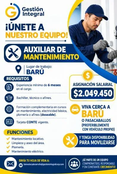 Flyer de Gestión Integral buscando auxiliar de mantenimiento con lugar de trabajo en Barú, con asignación salarial de $2.049.450 y el correo para enviar la hoja de vida.