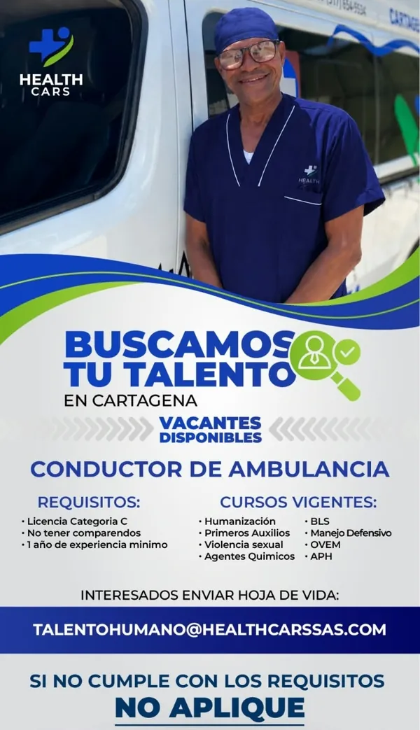 Flyer de Health Cars buscando conductor de ambulancia en Cartagena, con licencia categoría C, cursos vigentes y el correo de talento humano.