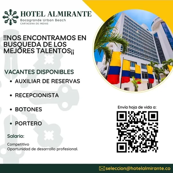 Flyer del Hotel Almirante de Cartagena con cuatro vacantes disponibles: Auxiliar de Reservas, Recepcionista, Botones y Portero, y el correo de contacto.