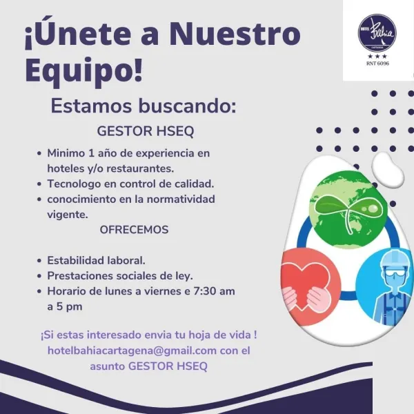 Flyer de la vacante de Gestor HSEQ en Hotel Bahía Cartagena, con requisitos y correo de contacto.