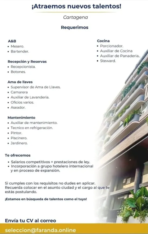 Flyer de vacantes del Hotel Caribe by Faranda Grand en Cartagena: pintor, mesero, aseador, piscinero, jardinero, camarera, auxiliar de panadería, recepcionista y técnicos en refrigeración.