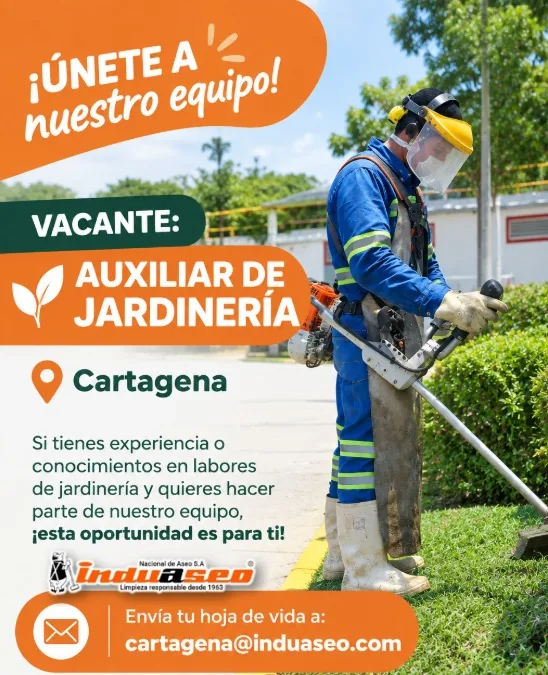 Flyer de Induaseo buscando auxiliar de jardinería en Cartagena, con el correo de la sede.