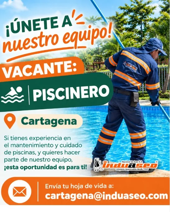 Flyer de Induaseo buscando piscinero en Cartagena, con experiencia en mantenimiento de piscinas y el correo de la sede.