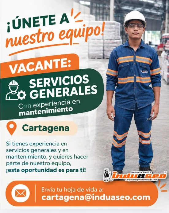 Flyer de Induaseo buscando personal de servicios generales con experiencia en mantenimiento en Cartagena, con el correo de la sede.