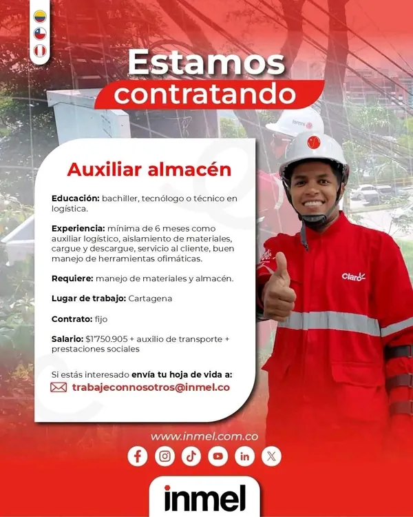 Flyer de la vacante de Auxiliar de almacén en Cartagena publicada por INMEL, con salario de $1.750.905, contrato fijo y datos de contacto.