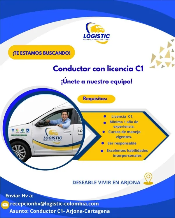 Flyer de Logistic (Services and Solutions) buscando conductor con licencia C1, deseable que viva en Arjona, con el correo y el asunto para postularse.