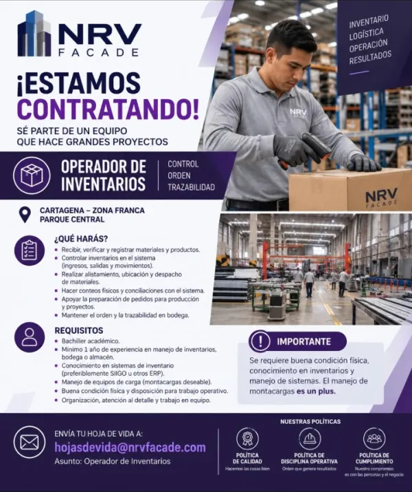 Flyer de la vacante de Operador de Inventarios en NRV Facade, Zona Franca Parque Central de Cartagena.