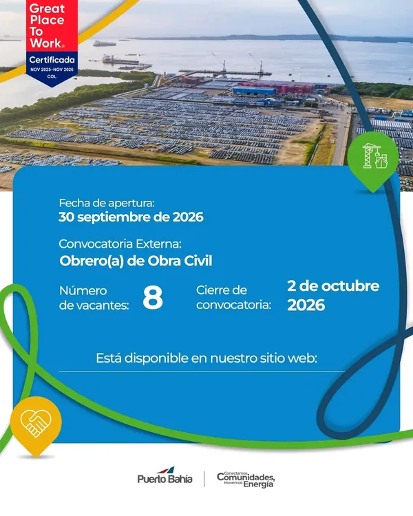Flyer de la convocatoria externa de Puerto Bahía en Cartagena para Obrero(a) de Obra Civil, con 8 vacantes, apertura el 30 de septiembre y cierre el 2 de octubre de 2026.