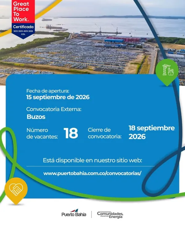 Flyer de la convocatoria externa de Puerto Bah&iacute;a en Cartagena, con 18 vacantes de buzo, apertura el 15 de septiembre y cierre el 18 de septiembre de 2026.