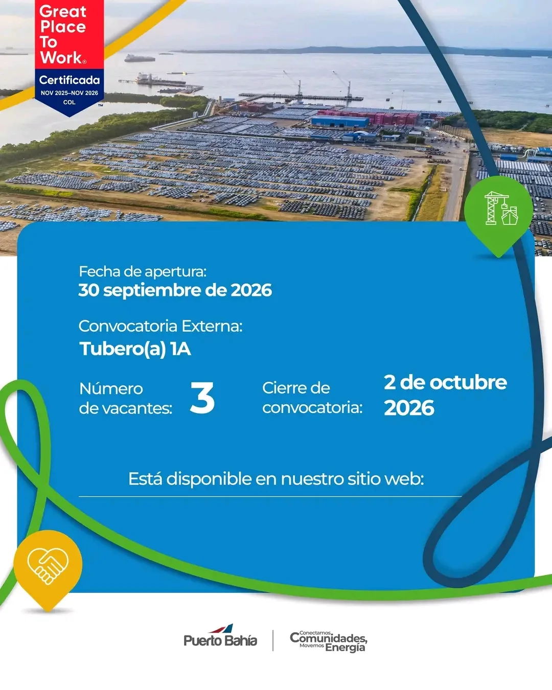 Flyer de la convocatoria externa de Puerto Bahía en Cartagena para Tubero(a) 1A, con 3 vacantes, apertura el 30 de septiembre y cierre el 2 de octubre de 2026.