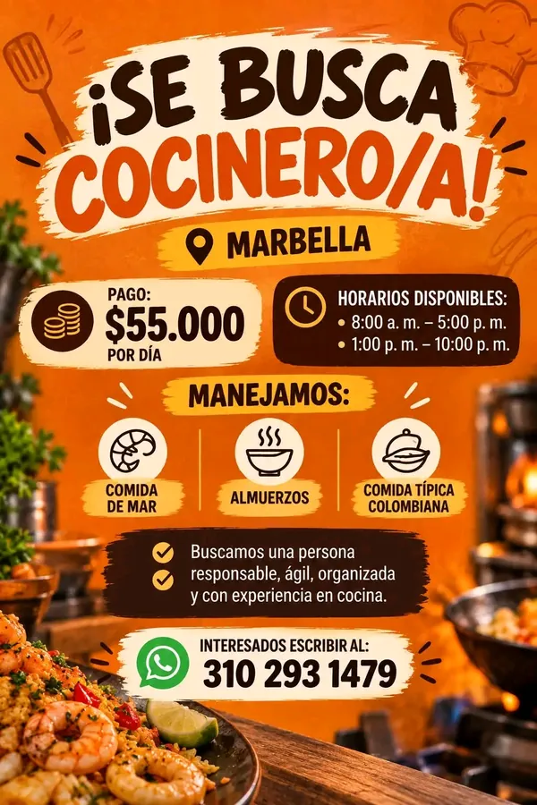 Flyer buscando cocinero o cocinera en Marbella, con pago de $55.000 por día, dos horarios y un número de WhatsApp.