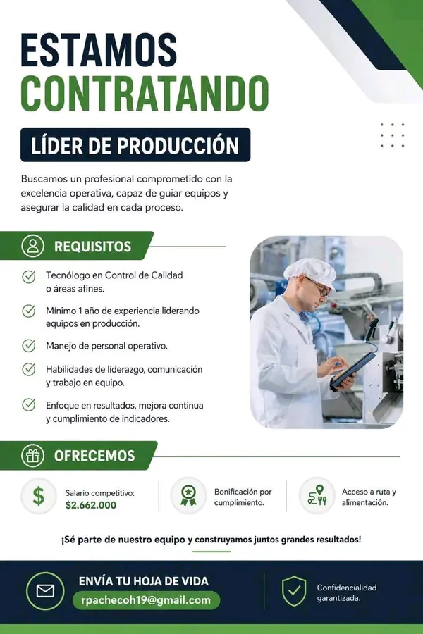 Flyer de la vacante de Líder de Producción publicada por ServiAtiempo, con salario de $2.662.000, bonificación y correo de contacto.