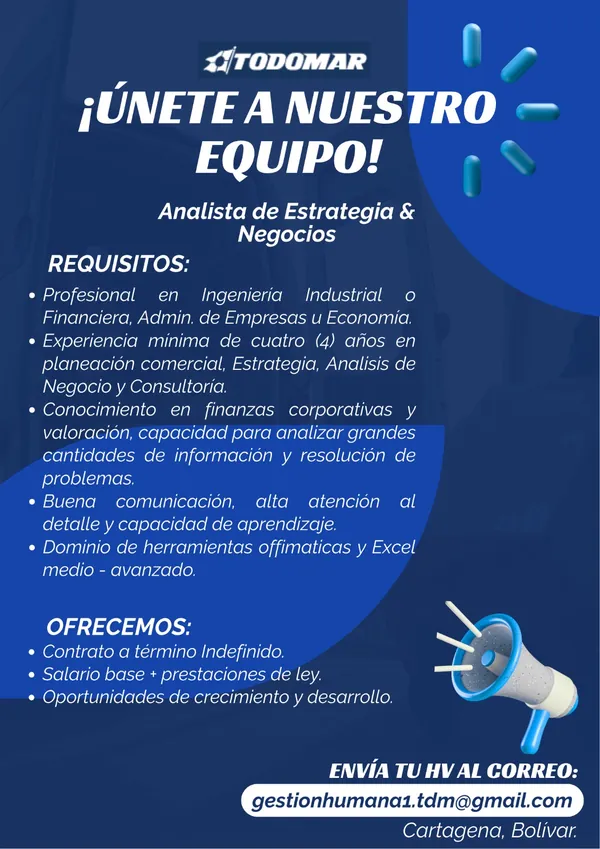 Flyer de la vacante de Analista de Estrategia y Negocios en Cartagena publicada por Todomar, con los requisitos y el correo de contacto.