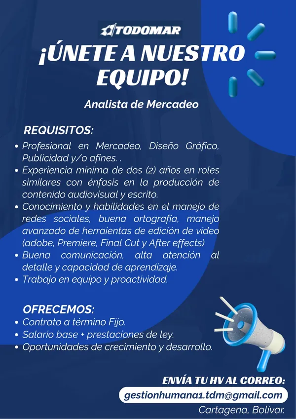 Flyer de la vacante de Analista de Mercadeo en Cartagena publicada por Todomar, con los requisitos y el correo de contacto.