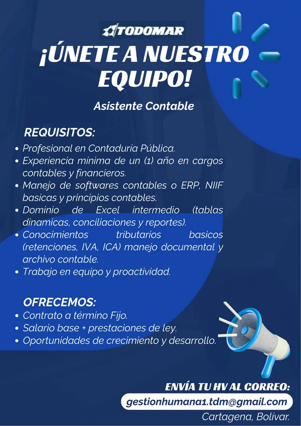 Flyer de la vacante de Asistente Contable en Cartagena publicada por Todomar, con los requisitos y el correo de contacto.
