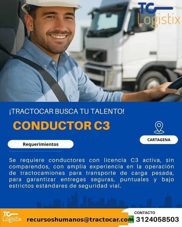 Flyer de la vacante de Conductor C3 en Cartagena publicada por TractoCar, con los requisitos de licencia C3 y los datos de contacto.
